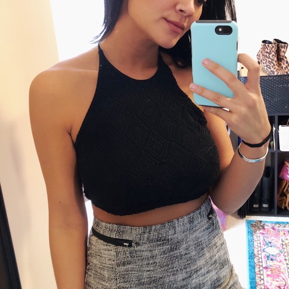 Me to We Tops - MeToWe Crochet Overlay Crop Top Criss Cross